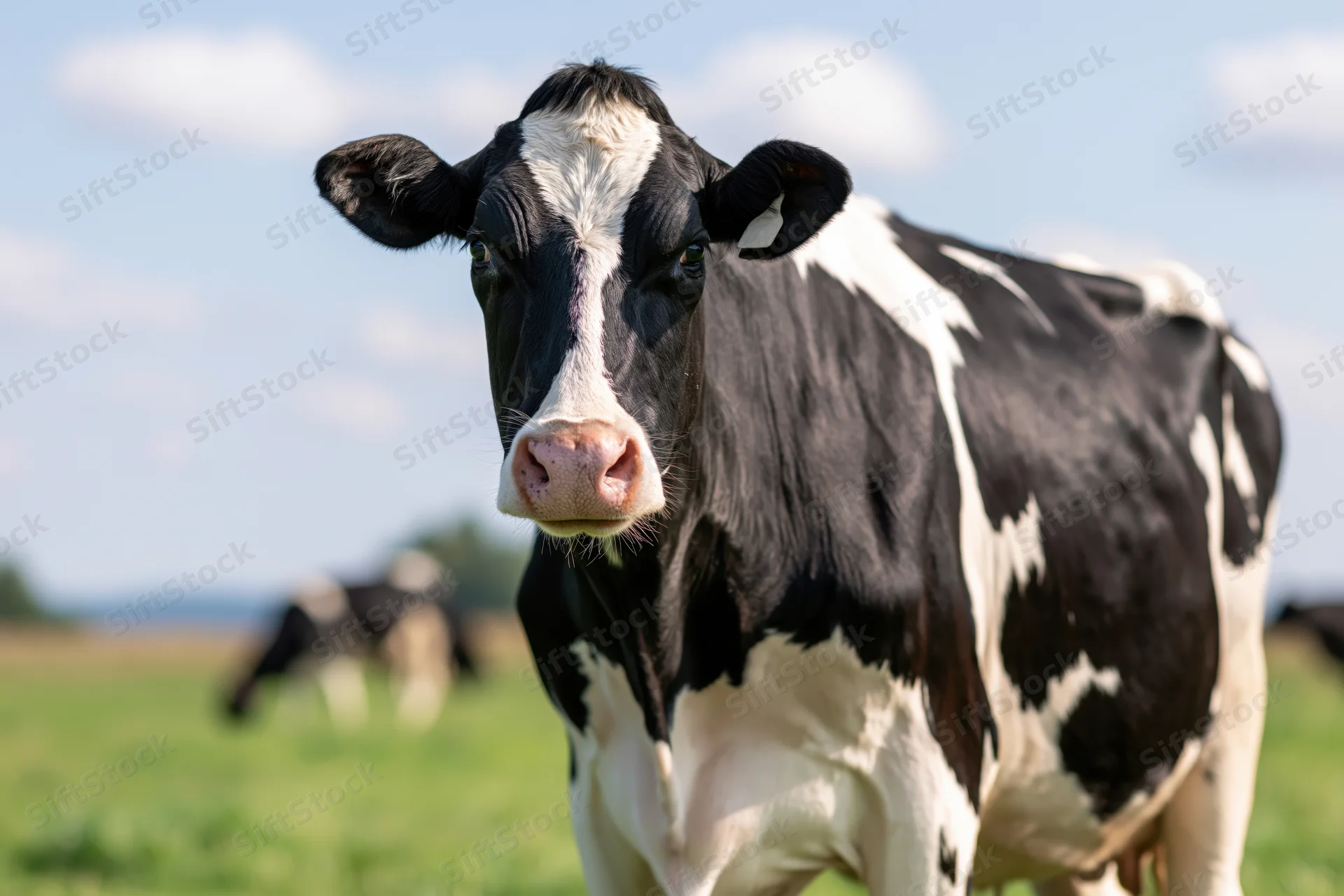 Black and white holstein cow standing in a grassy pasture facing the camera
