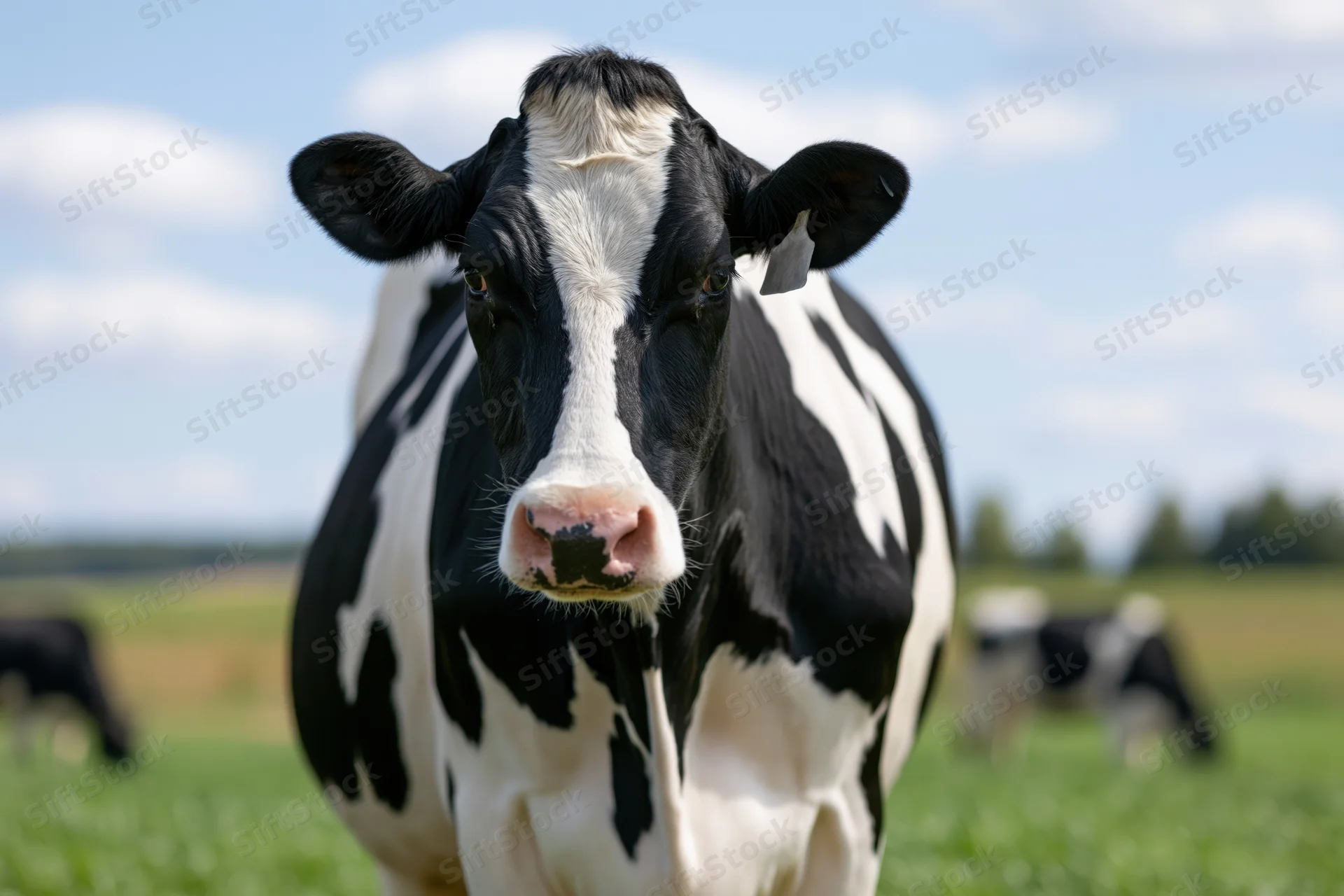 Black and white holstein cow facing camera in a grassy pasture