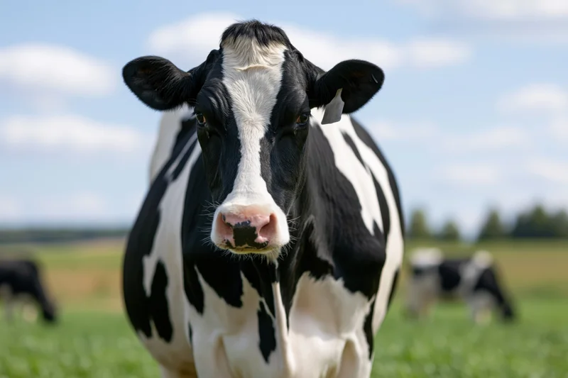 Black and white holstein cow facing camera in a grassy pasture