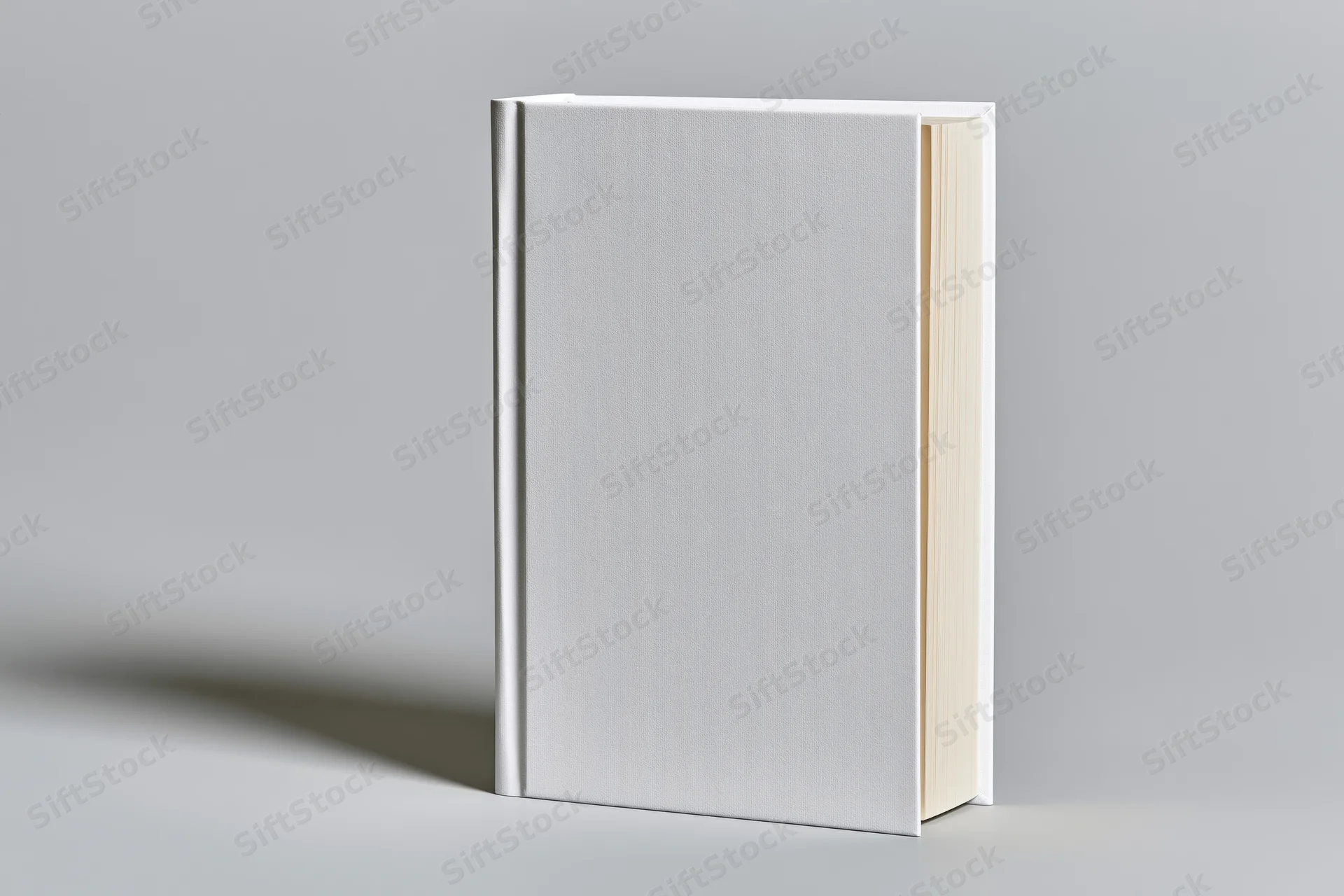 Blank white hardcover book standing upright on a flat surface