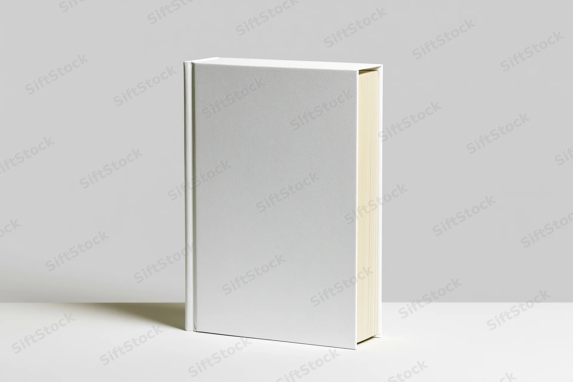 Blank white hardcover book standing upright on a flat surface