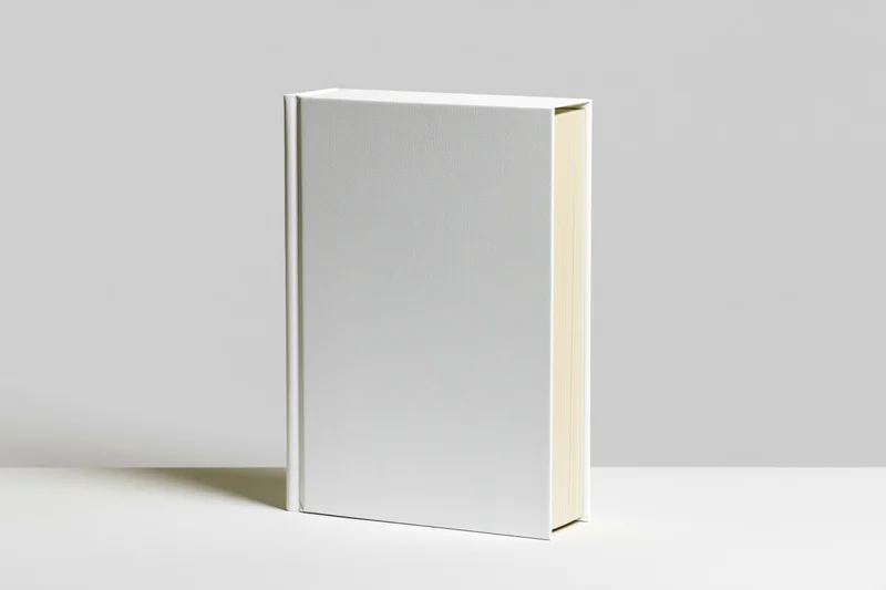 Blank white hardcover book standing upright on a flat surface