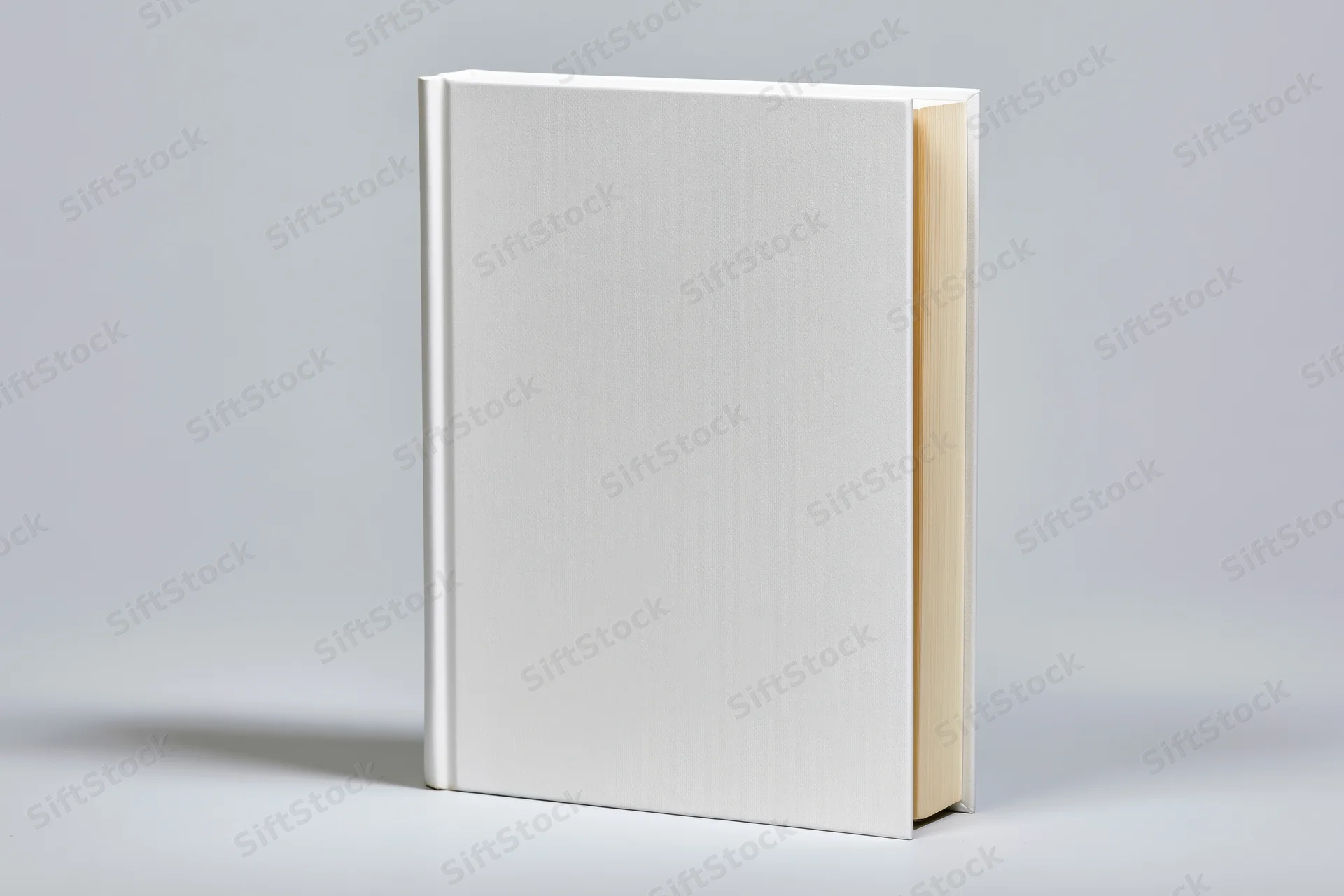 Blank white hardcover book standing upright on a gray surface