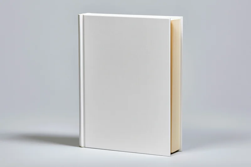 Blank white hardcover book standing upright on a gray surface