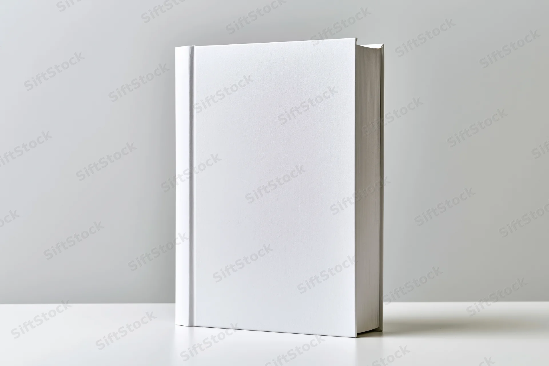 Blank white hardcover book standing upright on a white surface