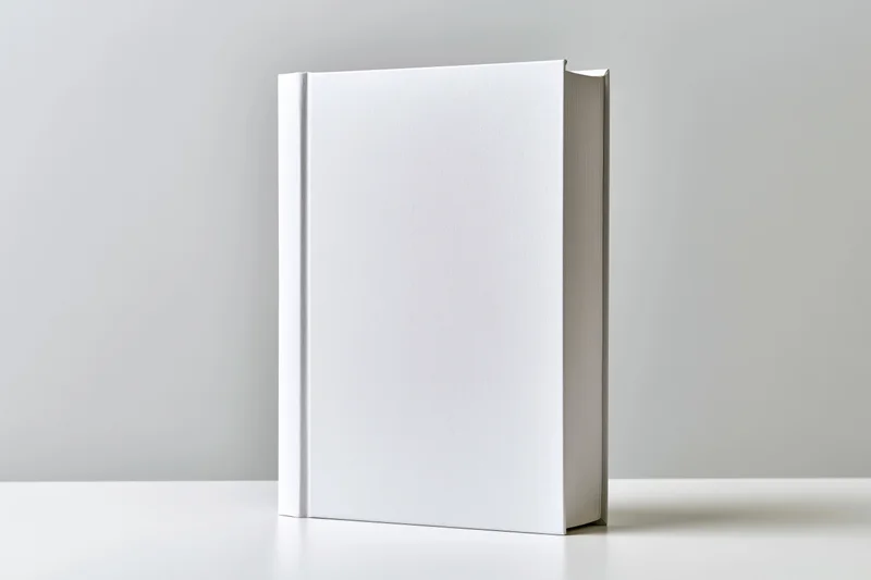 Blank white hardcover book standing upright on a white surface