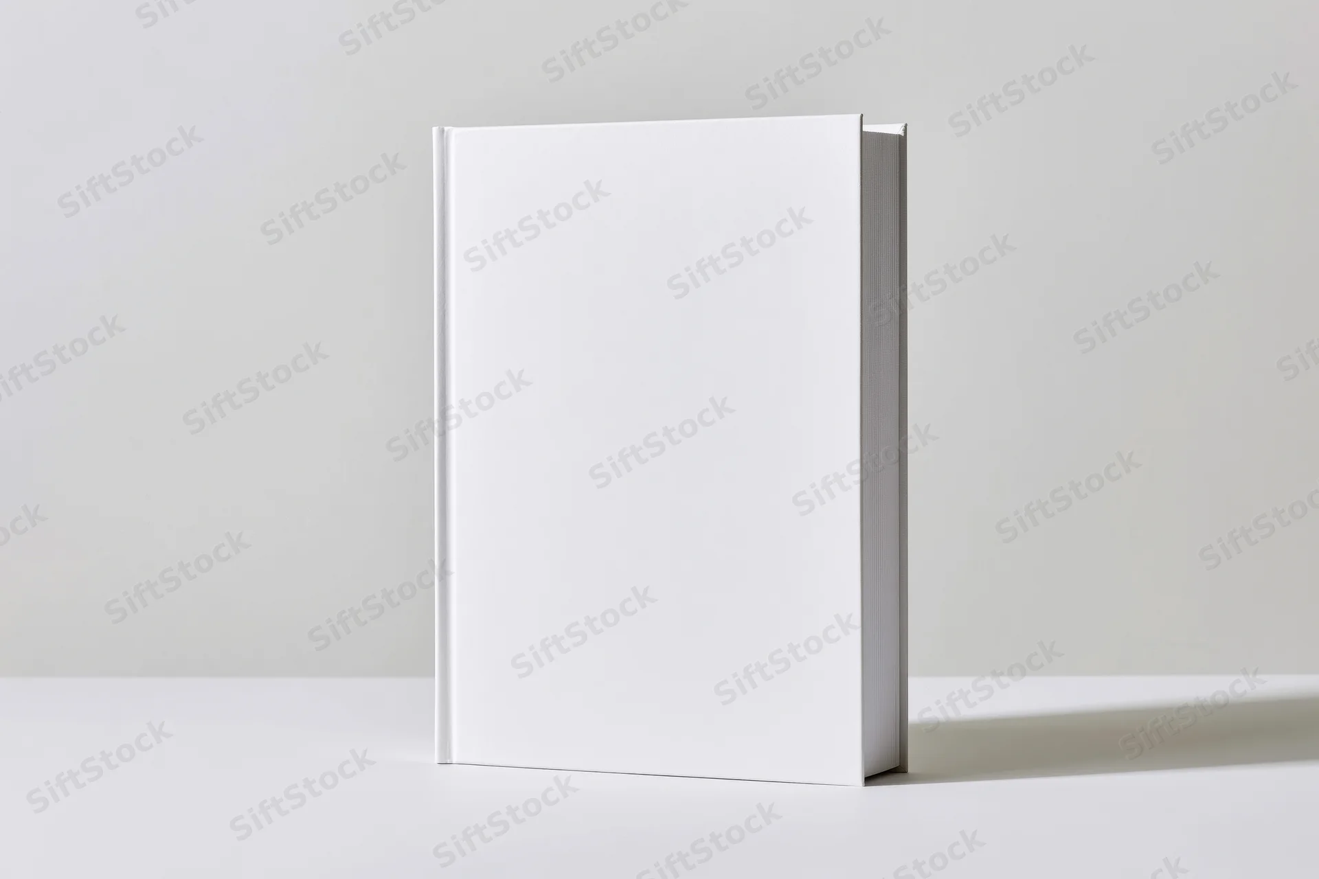 Blank white hardcover book standing upright on a white surface
