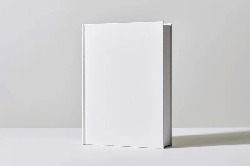 Blank white hardcover book standing upright on a white surface