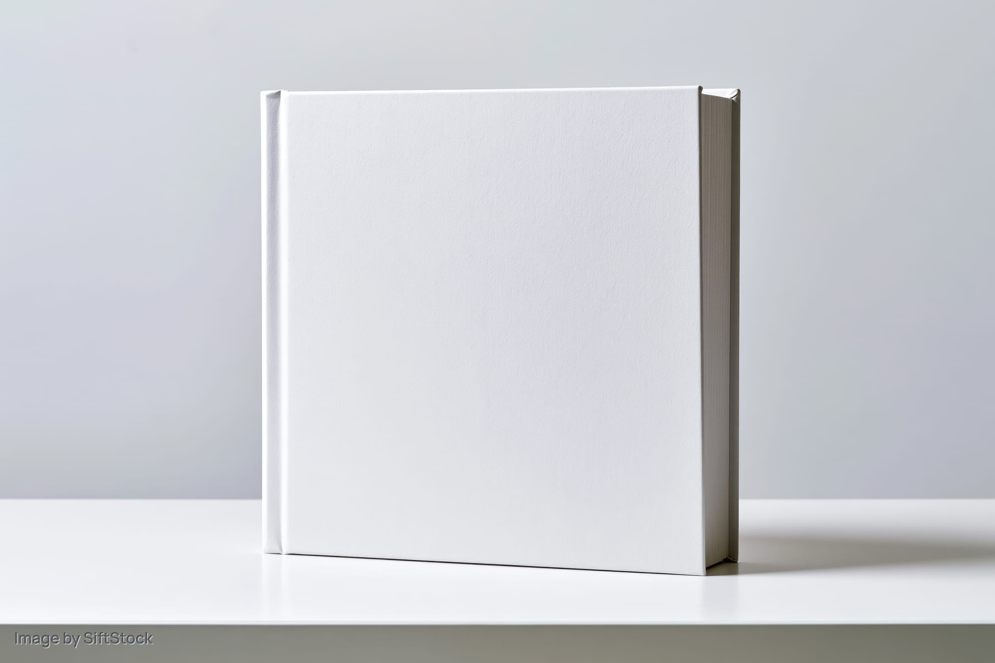 Blank white hardcover book standing upright on a white surface