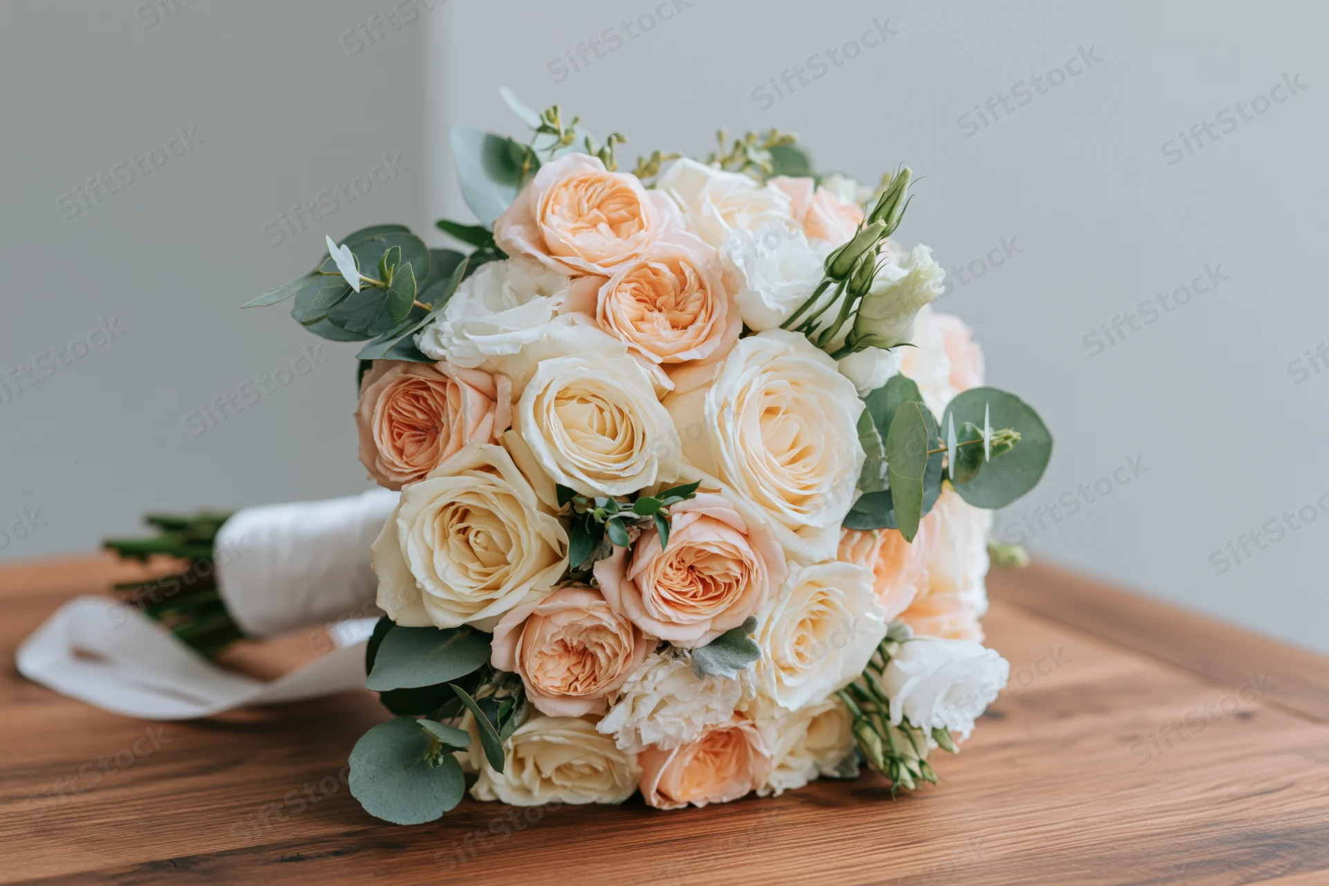 Bridal bouquet of peach and cream roses with eucalyptus resting on wooden table