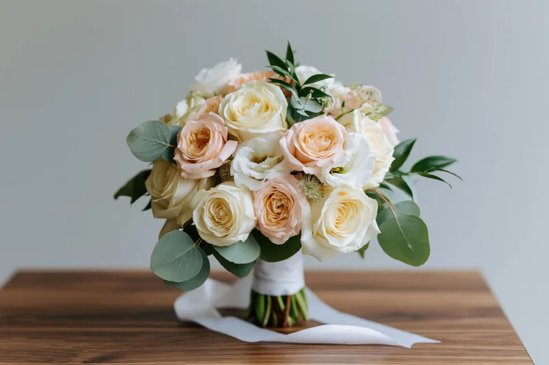 Bridal bouquet of white and peach roses with greenery resting on wooden table