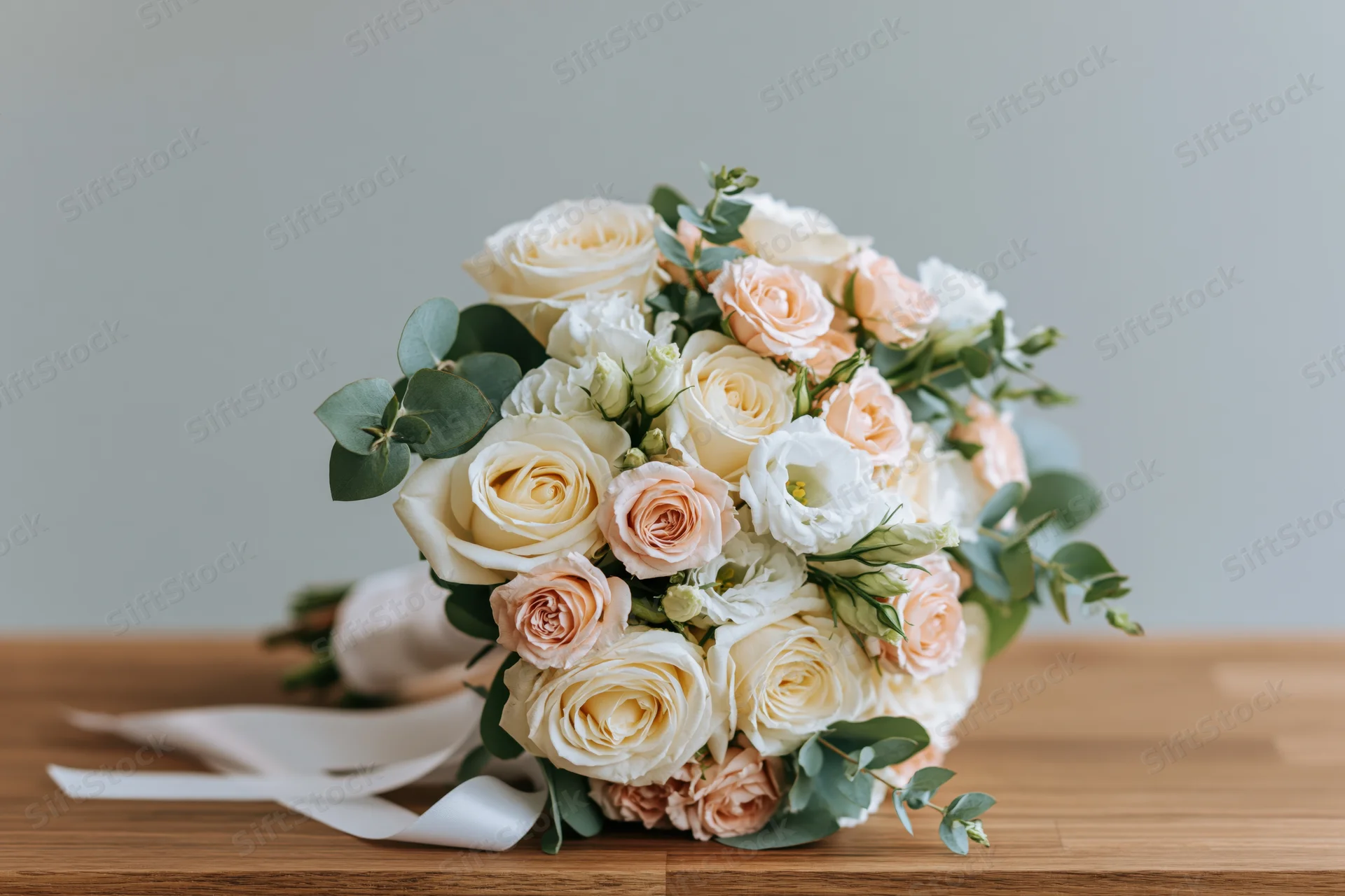 Bridal bouquet of cream and peach roses with eucalyptus resting on wooden table