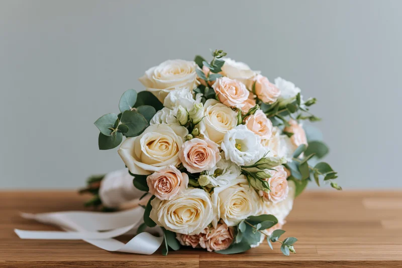 Bridal bouquet of cream and peach roses with eucalyptus resting on wooden table