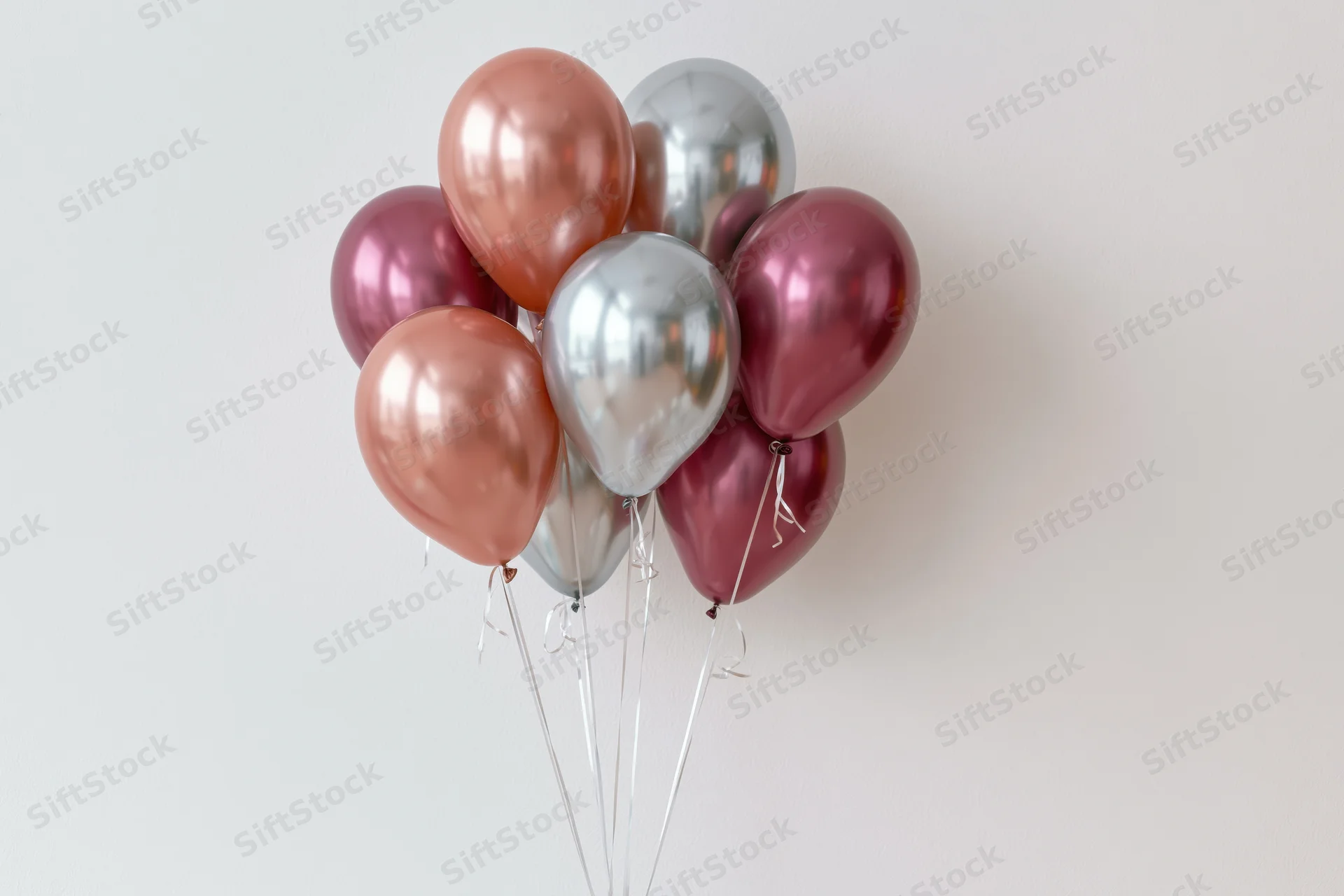 Metallic balloons clustered together against a white background with copyspace