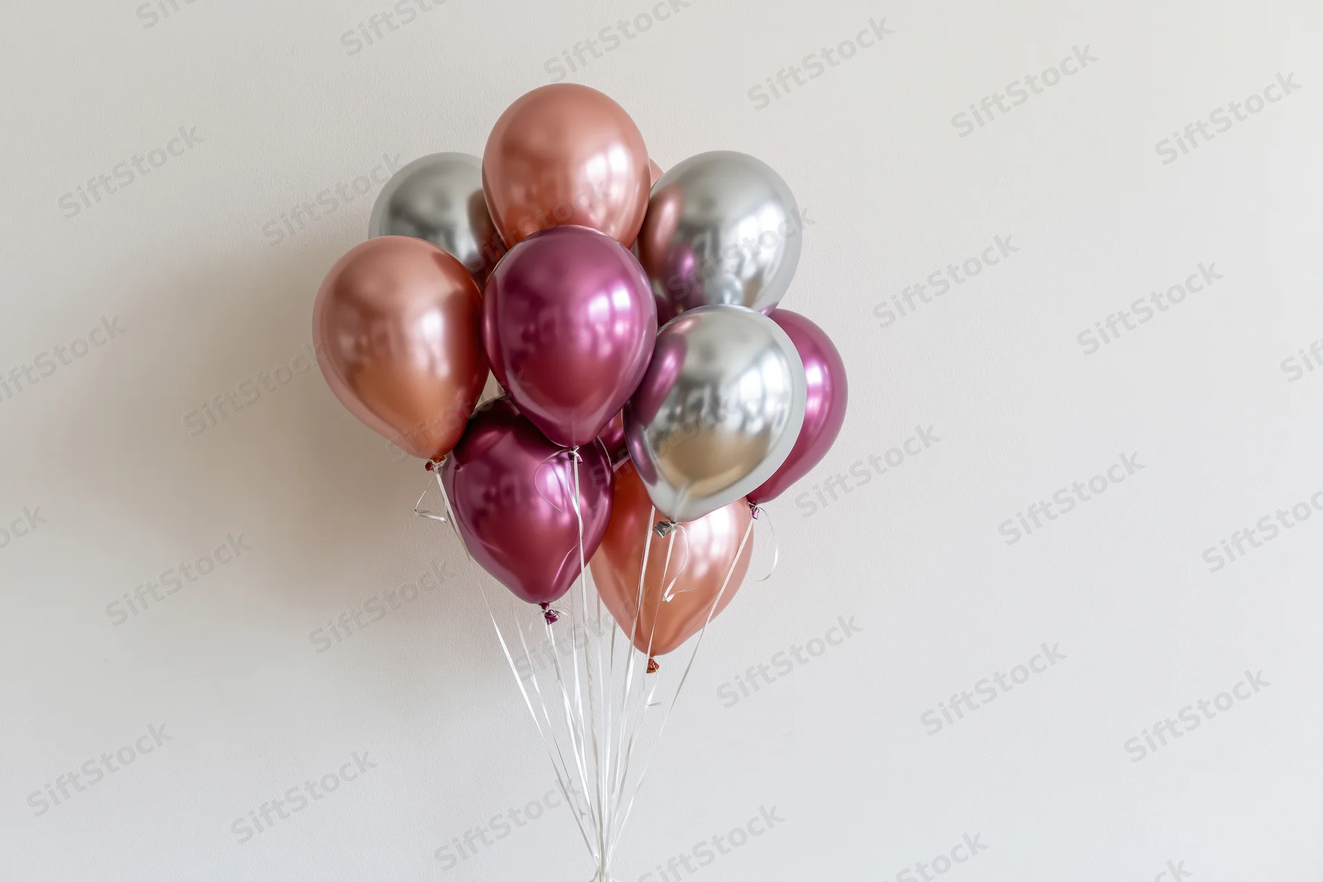 Metallic helium balloons clustered together against a plain wall