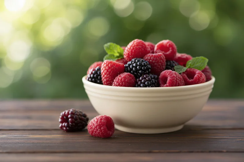 Ceramic bowl filled with fresh raspberries and blackberries on wooden table outdoors