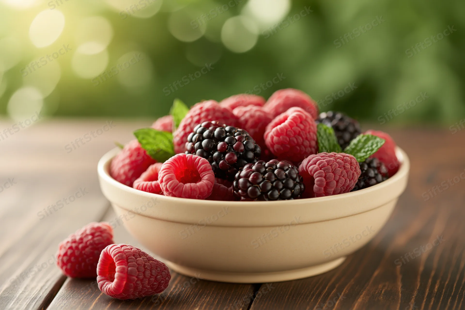 Ceramic bowl filled with fresh raspberries and blackberries on wooden table