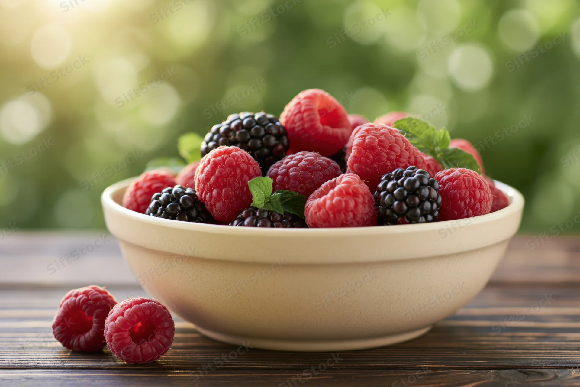 Ceramic bowl filled with fresh raspberries and blackberries on wooden table outdoors