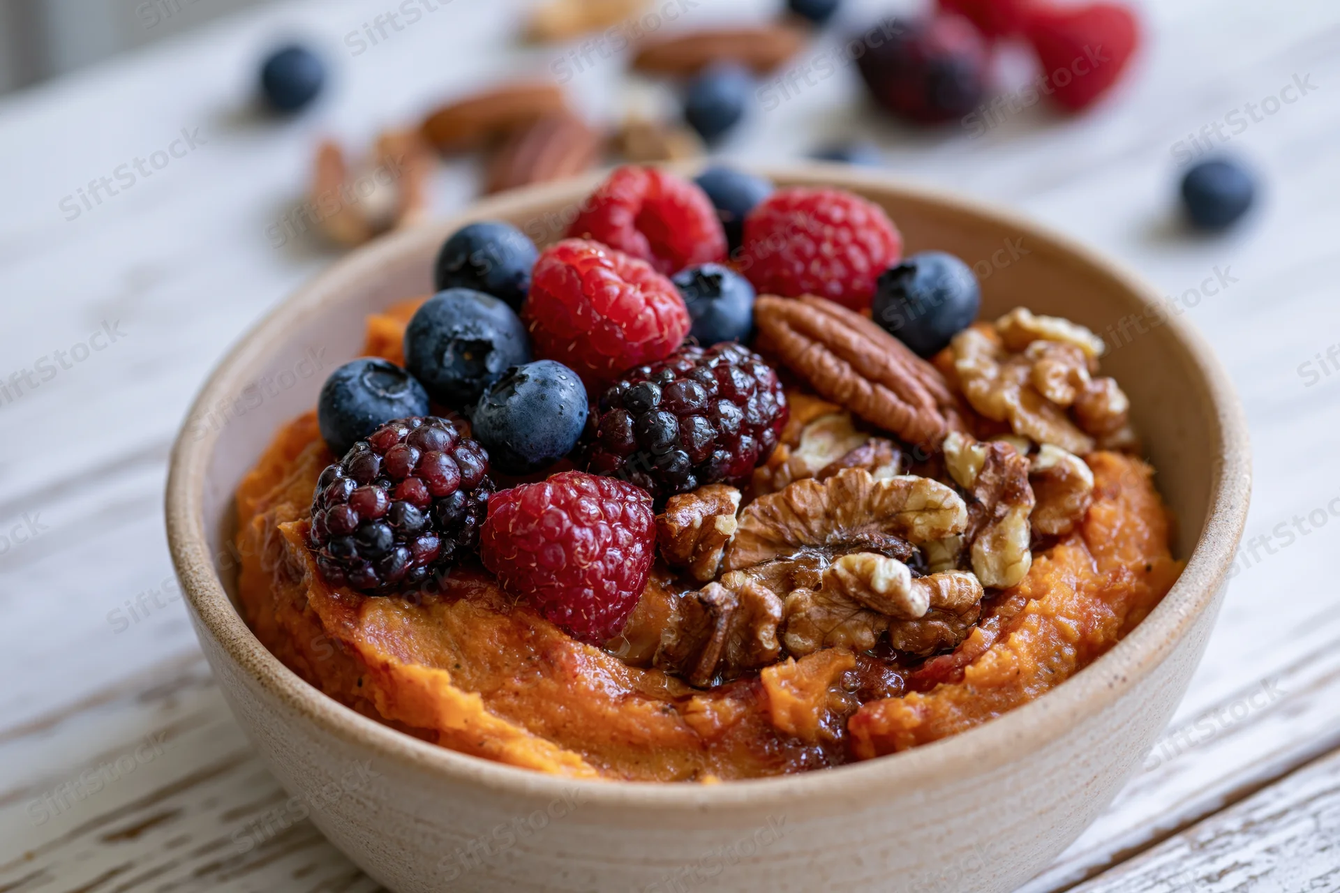 Ceramic bowl of sweet potato porridge topped with berries and nuts on wooden table