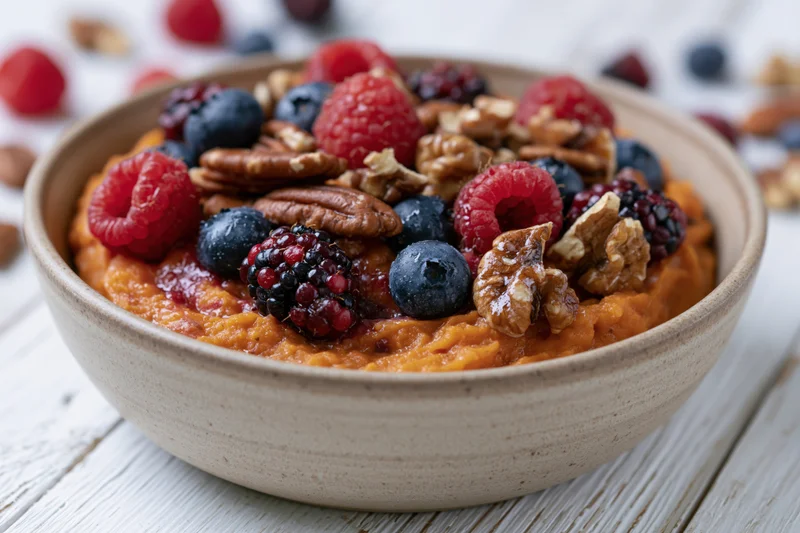 Ceramic bowl of sweet potato porridge topped with mixed berries and nuts on a white wooden table