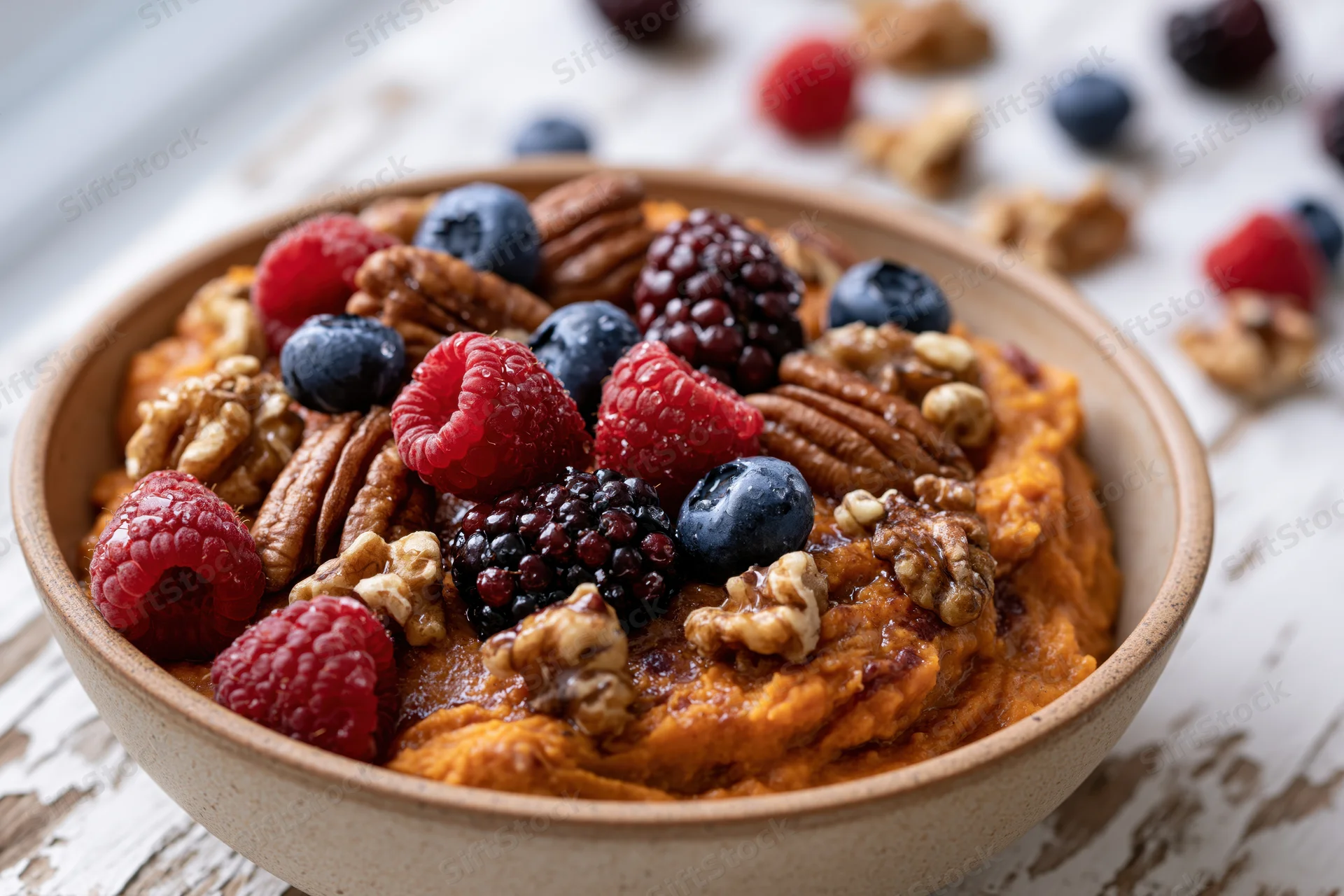Ceramic bowl of sweet potato porridge topped with berries and nuts on a wooden table