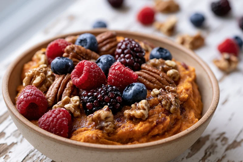 Ceramic bowl of sweet potato porridge topped with berries and nuts on a wooden table