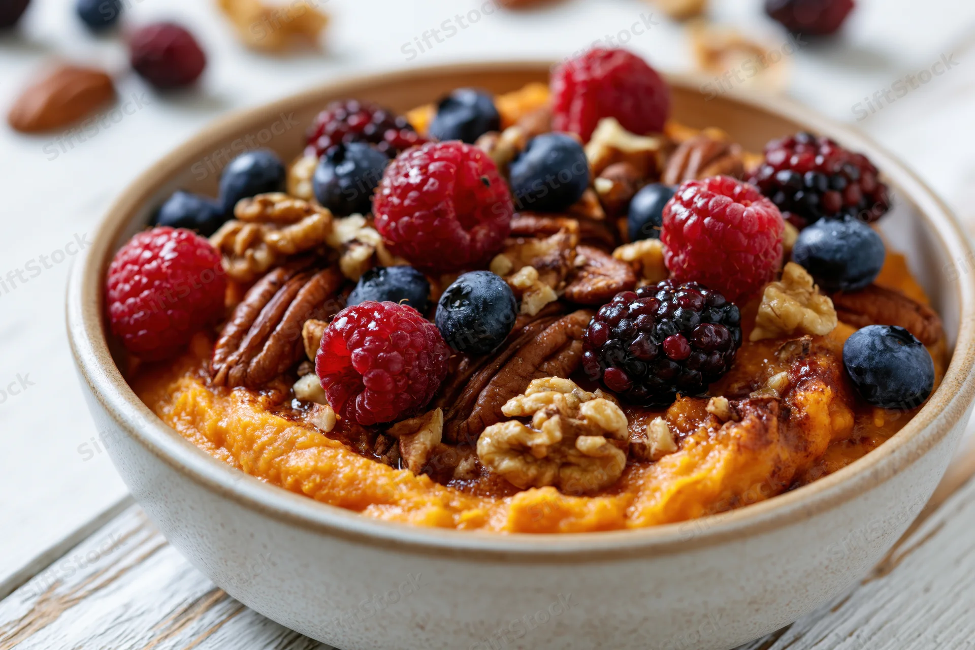 Ceramic bowl of sweet potato porridge topped with berries and nuts on a wooden table