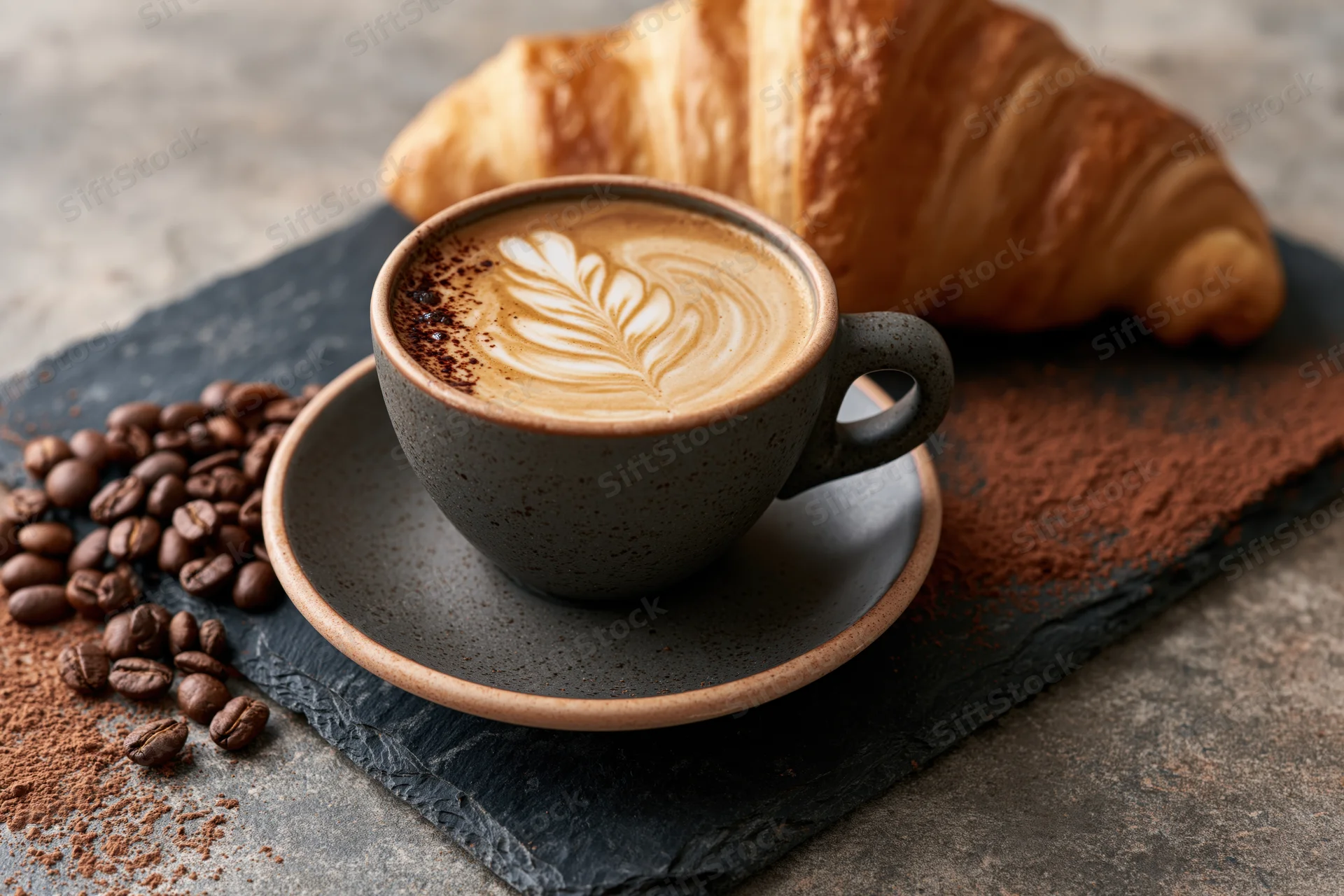Ceramic cup of latte with leaf latte art on a matte saucer beside a croissant and coffee beans on slate