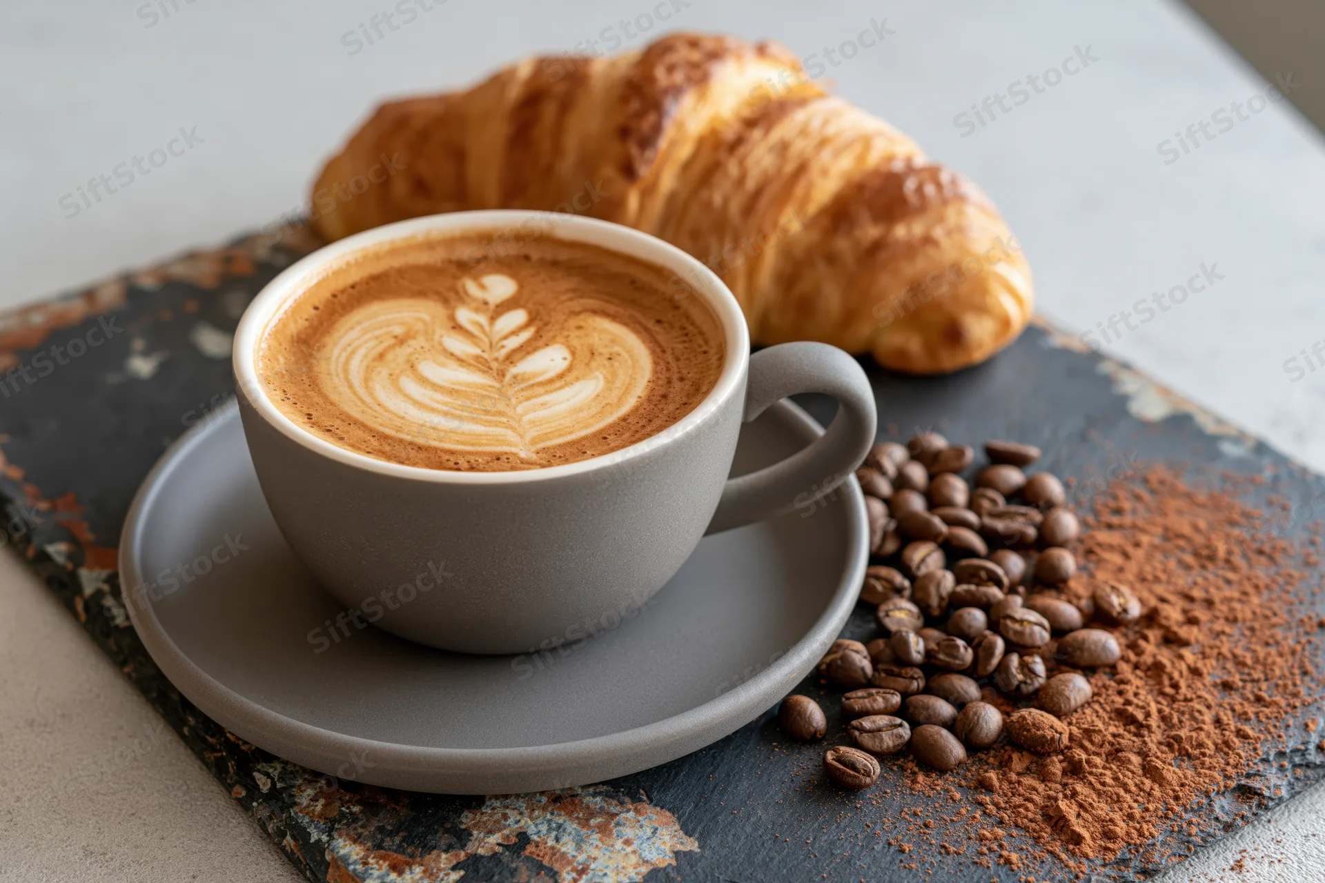 Ceramic cup of latte with leaf latte art on a matte saucer beside a croissant and coffee beans on slate
