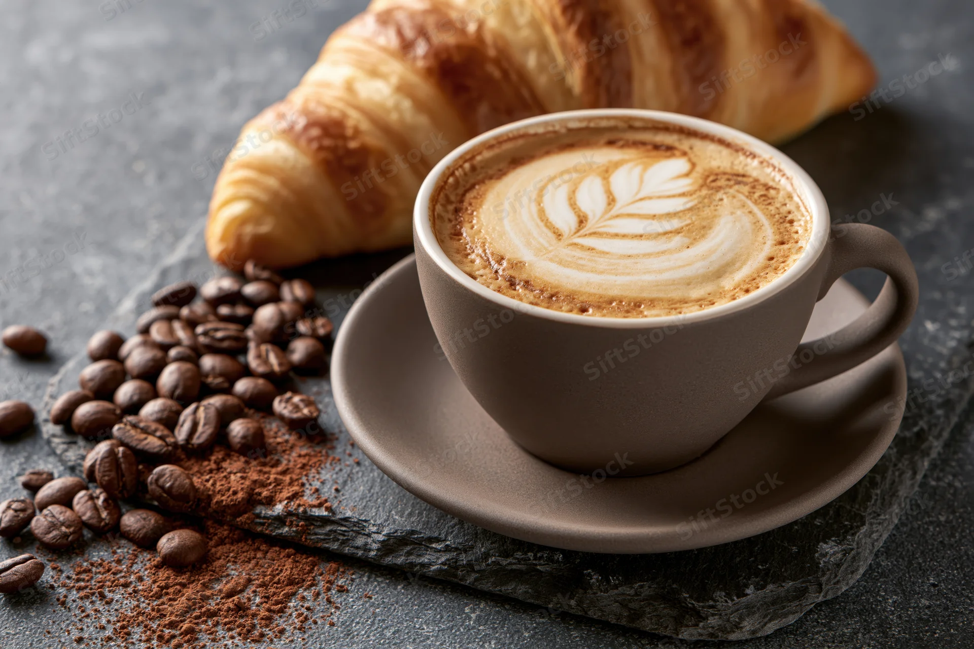 Ceramic cup of latte with leaf latte art on a matte saucer beside a croissant and coffee beans on slate