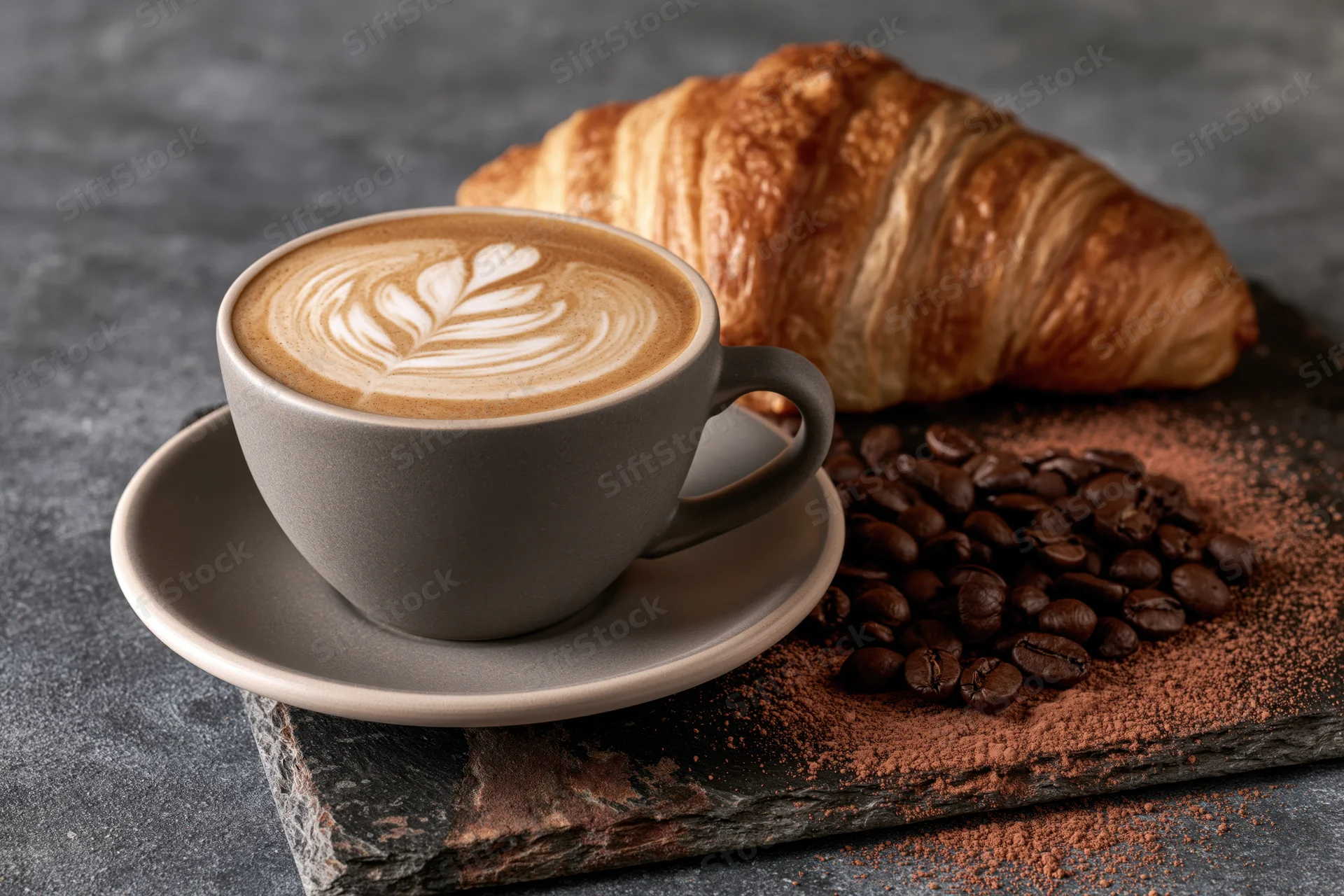 Ceramic cup of latte with leaf latte art on a matte saucer beside a croissant and coffee beans on slate