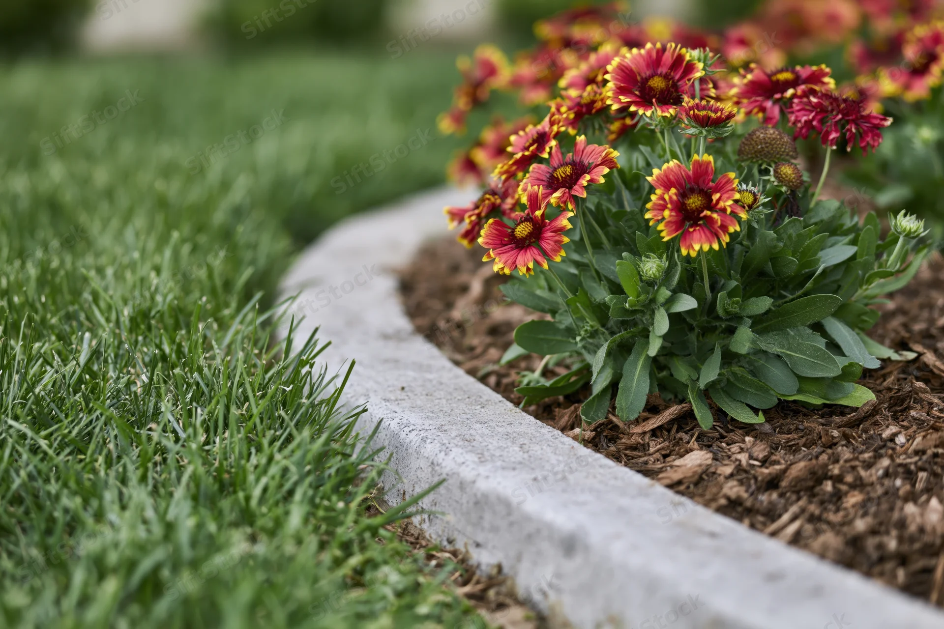 Curved concrete garden edging separating a lush green lawn with blooming red and yellow flowers in a mulched flowerbed