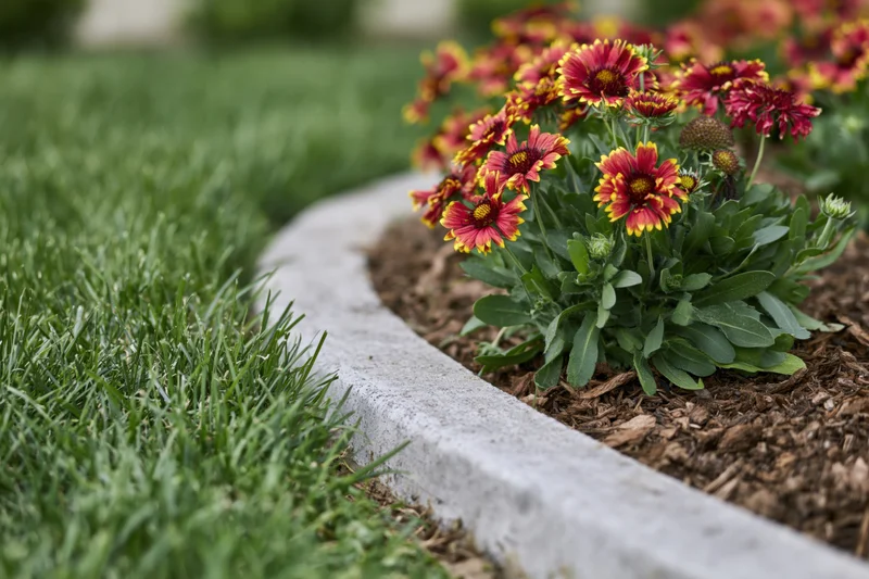 Curved concrete garden edging separating a lush green lawn with blooming red and yellow flowers in a mulched flowerbed