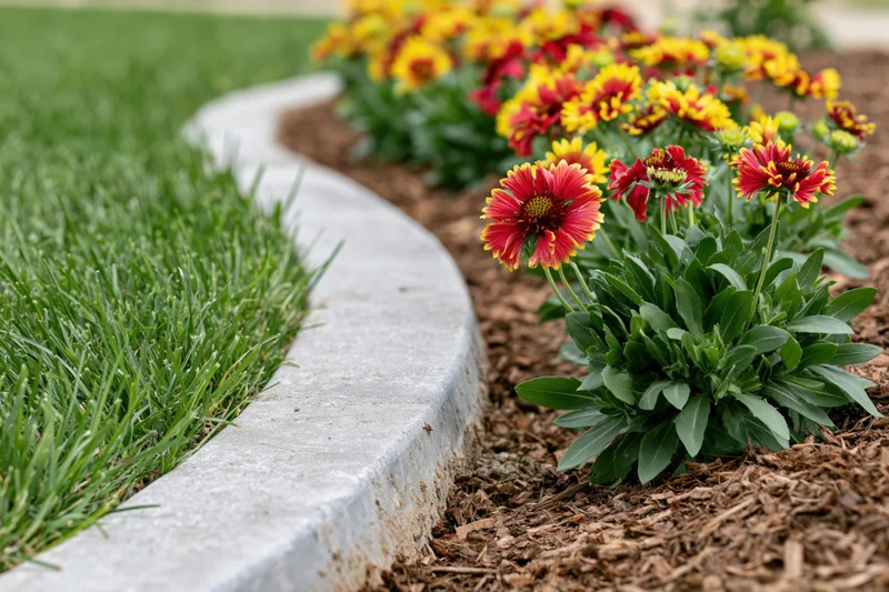 Curved concrete garden edging separating a lush green lawn from a flowerbed with red and yellow blooms