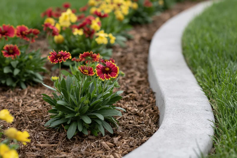 Curved concrete garden edging separating a flower bed from a green lawn