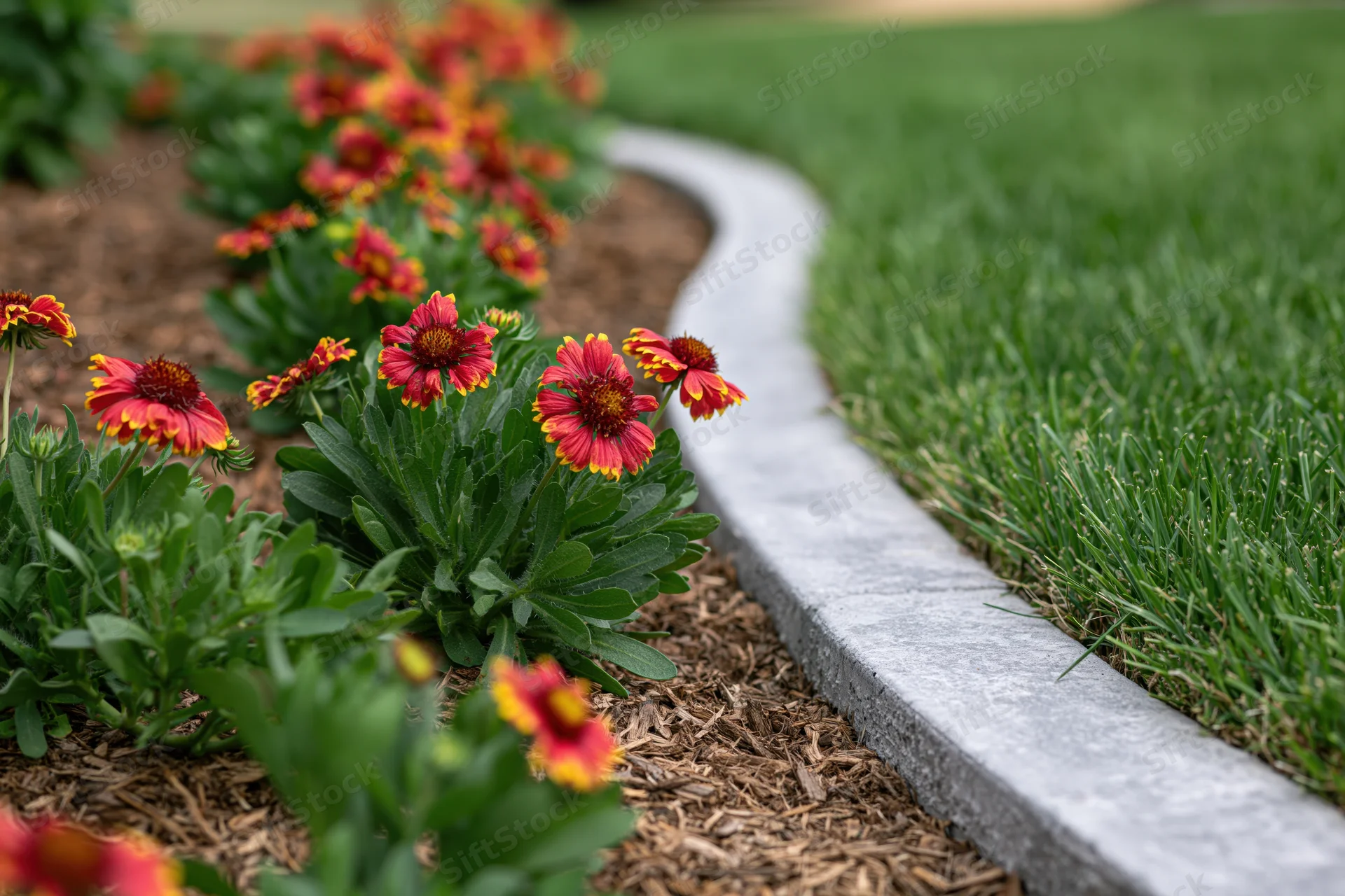 Curved concrete garden edging separating a flowerbed from a green lawn