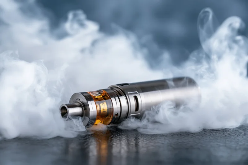 Cylindrical vape mod resting on dark textured surface surrounded by vapor