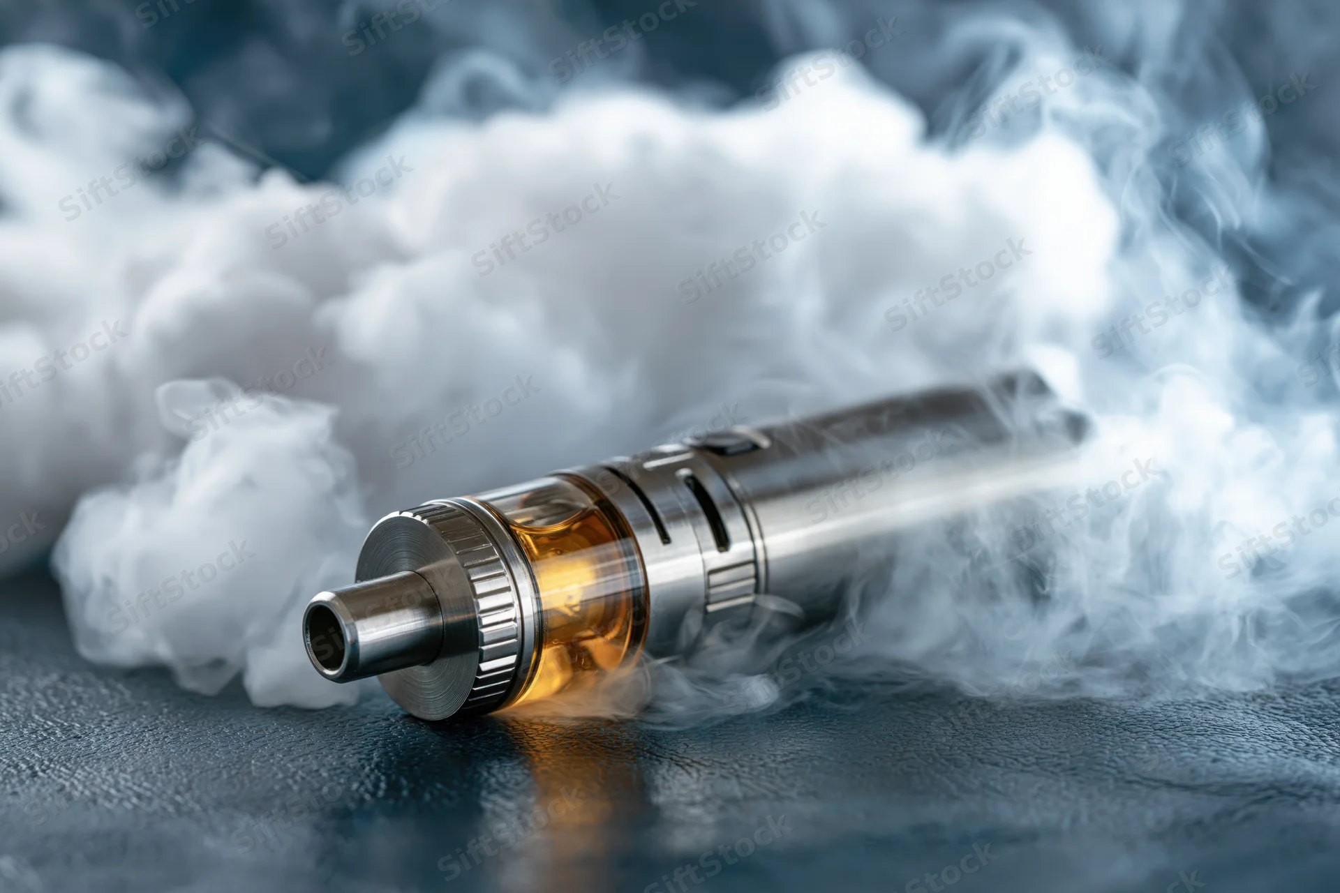 Cylindrical vape mod lying on dark textured surface surrounded by white vapor cloud
