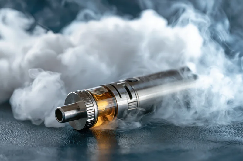 Cylindrical vape mod lying on dark textured surface surrounded by white vapor cloud