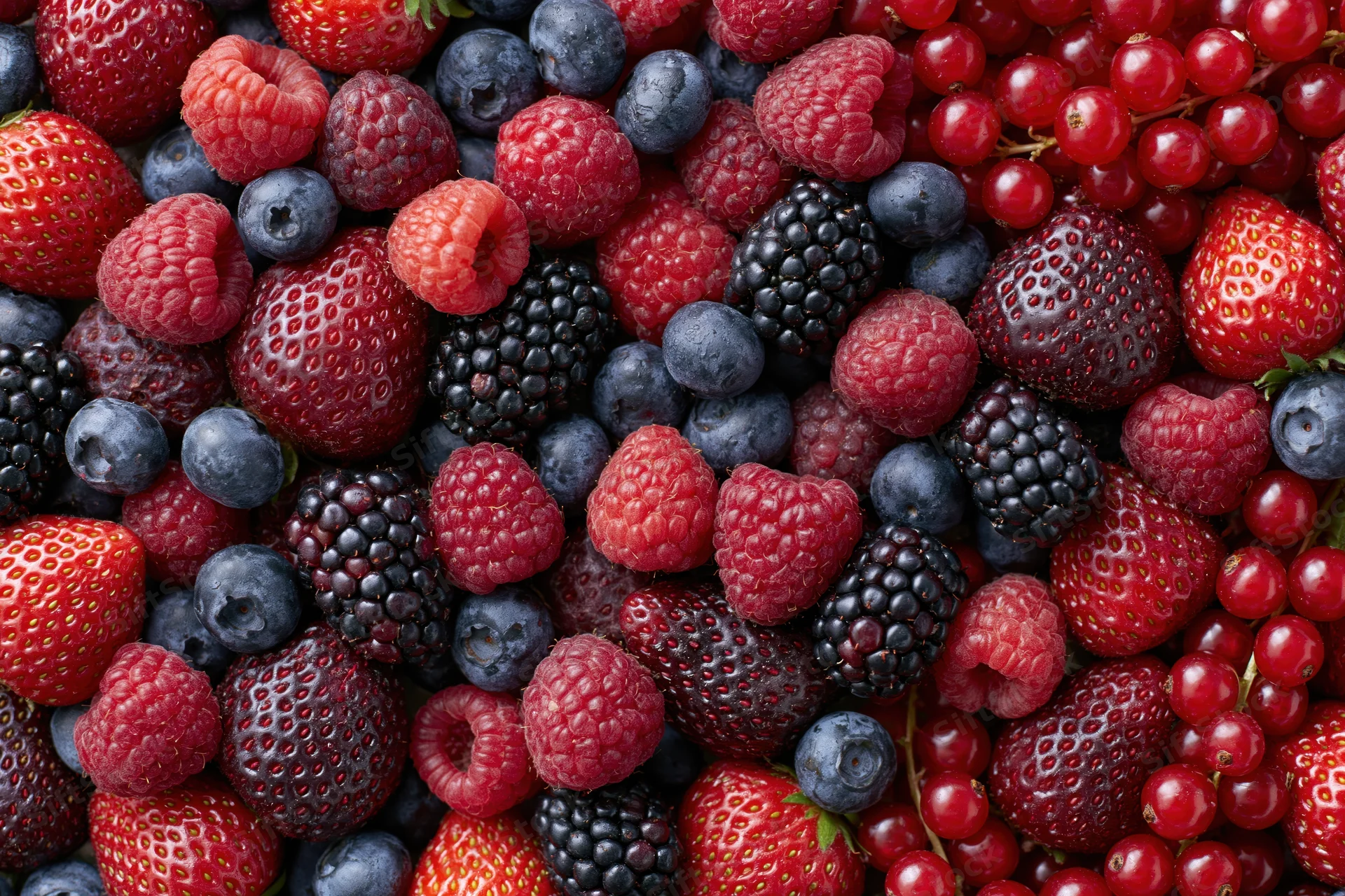A dense flat-lay of mixed fresh berries including strawberries, raspberries, blueberries, blackberries and redcurrants filling the frame