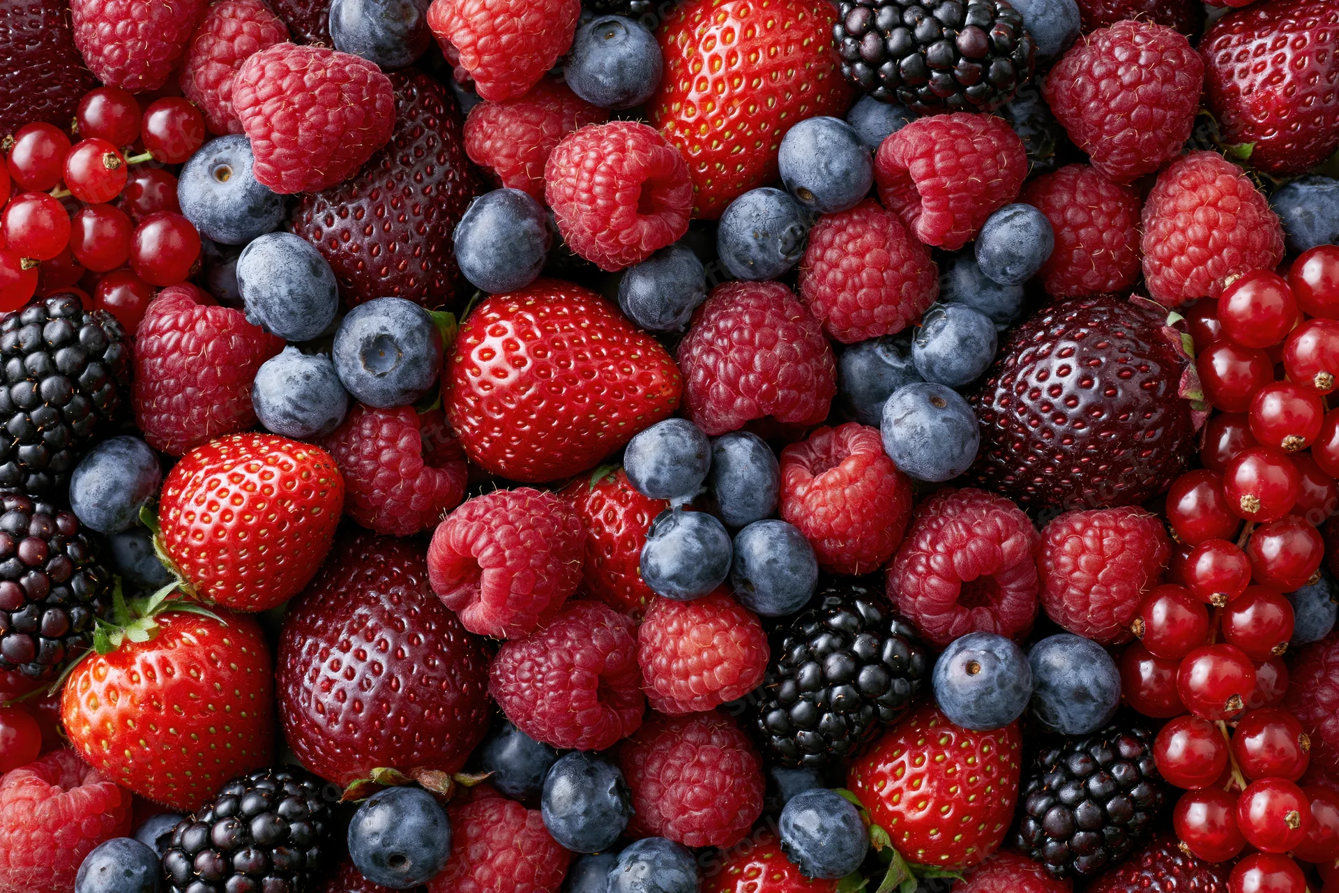 A dense flat-lay spread of mixed fresh berries covering the entire frame