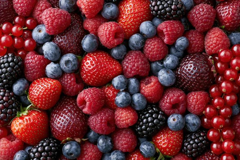 A dense flat-lay spread of mixed fresh berries covering the entire frame