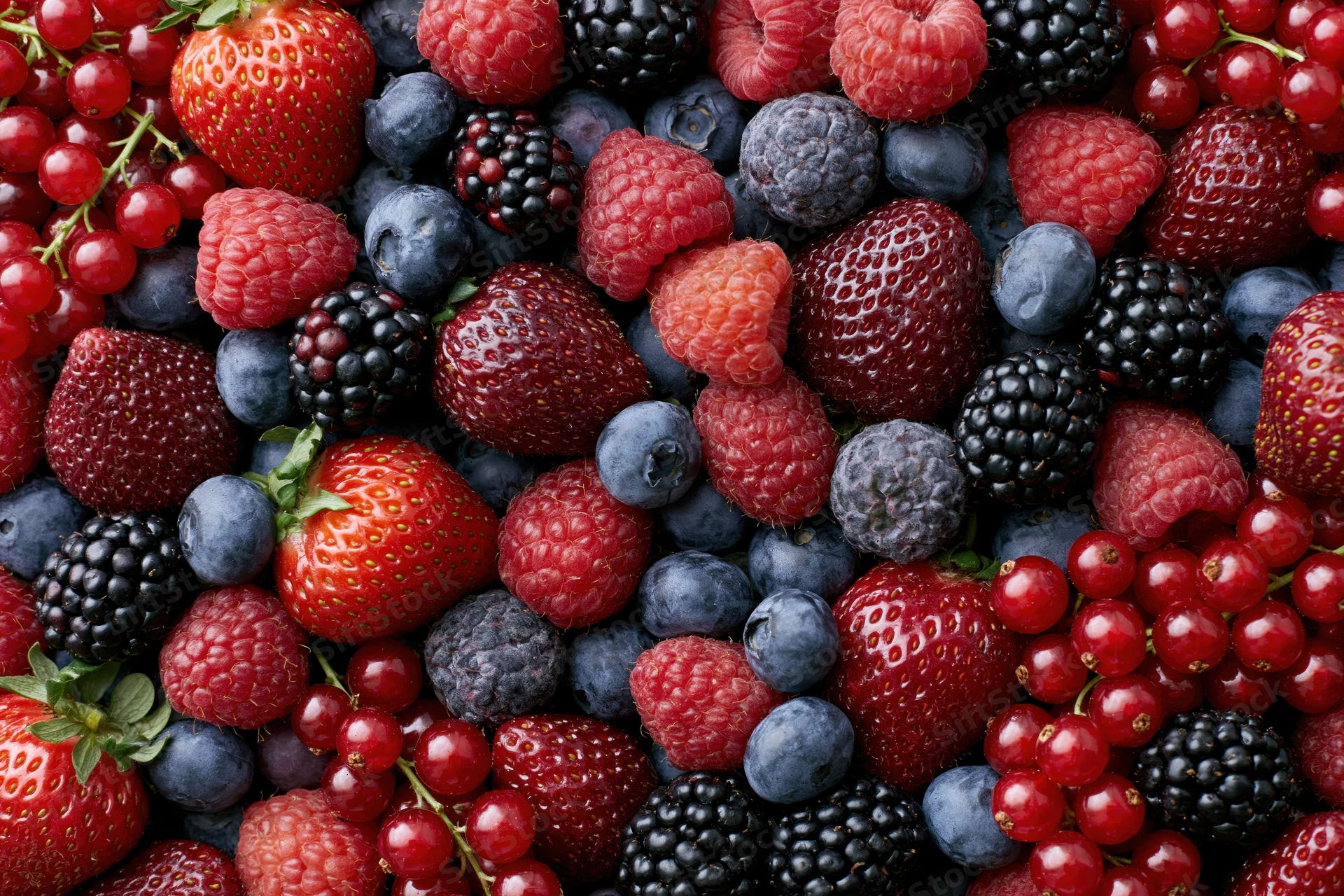 Mixed fresh berries densely arranged in a flat lay spread