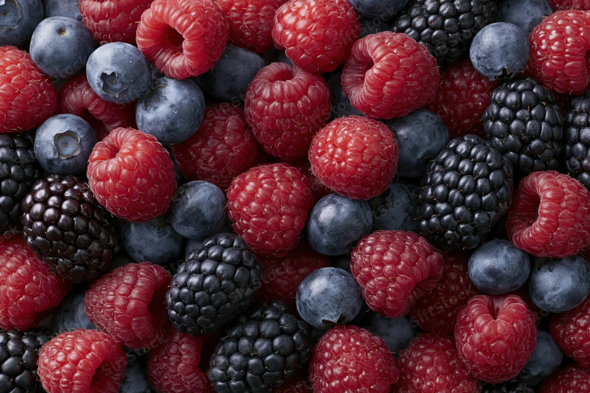 Closeup of fresh mixed berries including raspberries blueberries and blackberries arranged in a dense flat lay