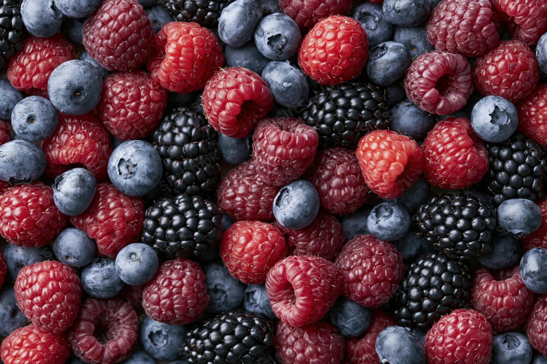Closeup of fresh mixed berries including raspberries, blueberries and blackberries arranged in a dense flat lay