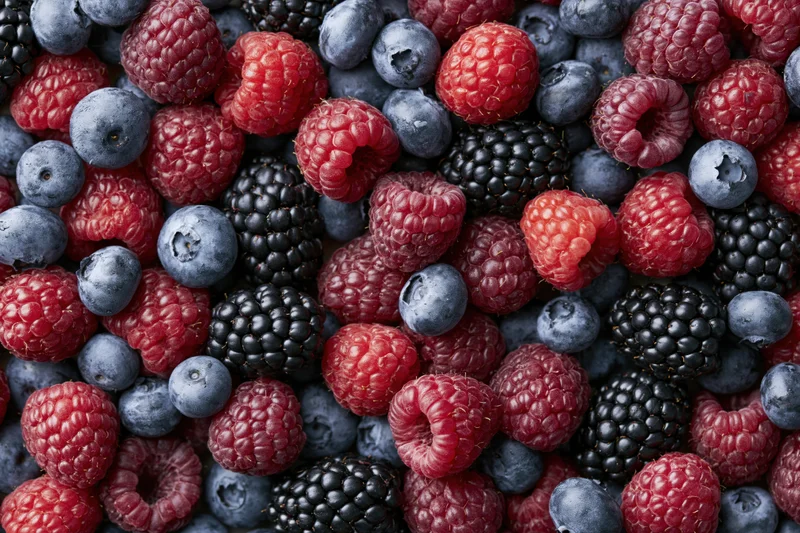 Closeup of fresh mixed berries including raspberries, blueberries and blackberries arranged in a dense flat lay