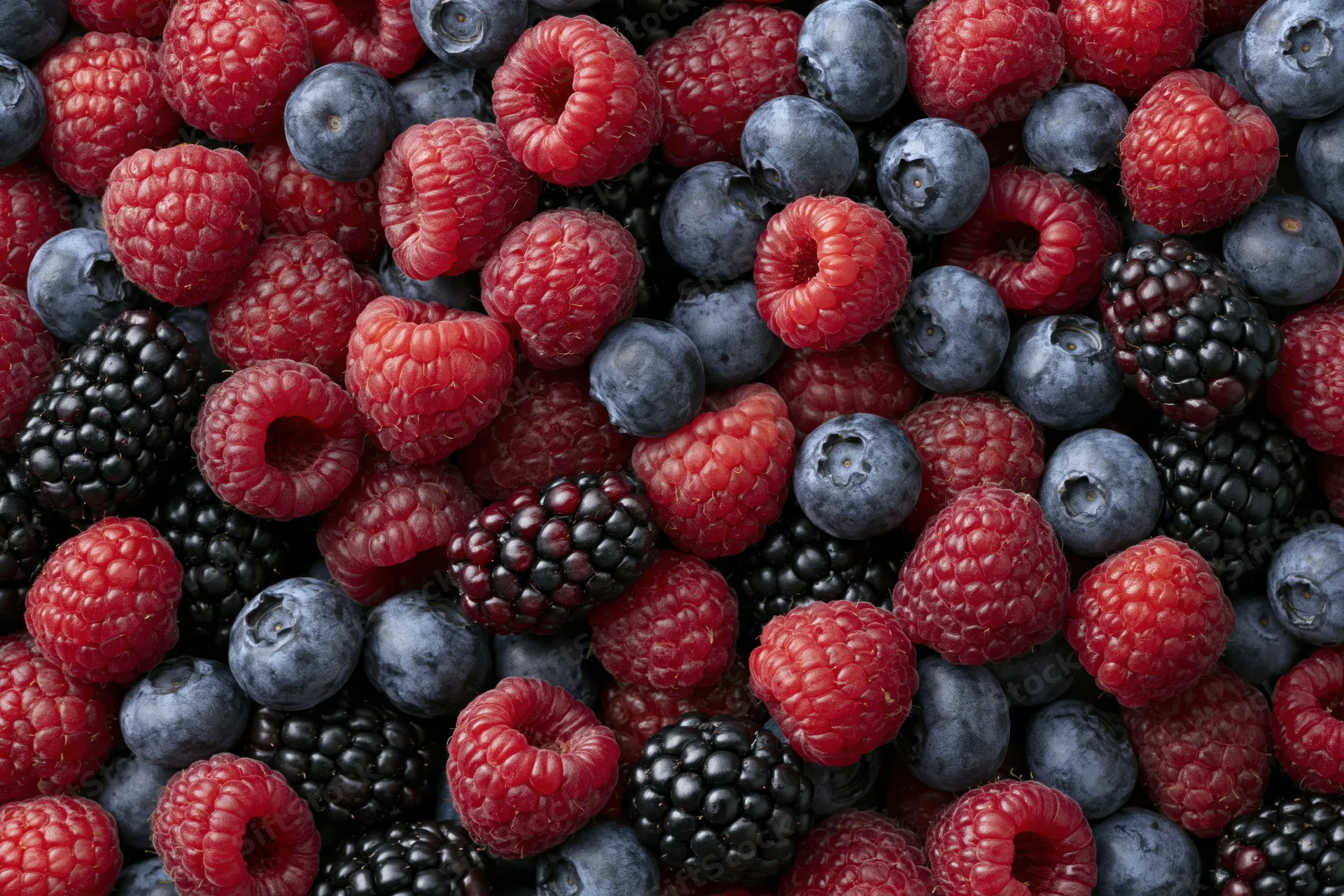 Closeup of fresh raspberries blueberries and blackberries in a dense flat lay arrangement