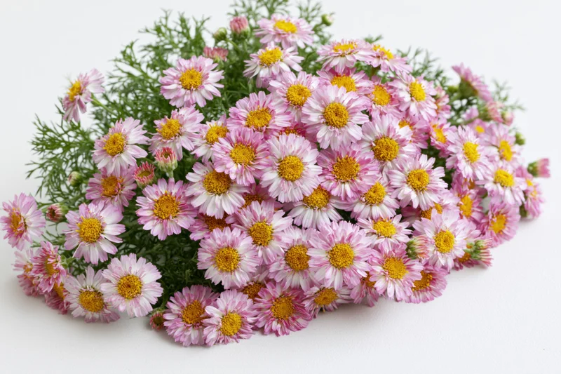 Dense cluster of pink and white daisy-like flowers with green foliage on white background