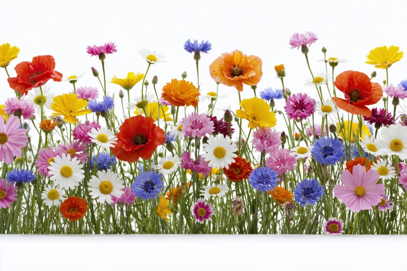 A dense row of mixed wildflowers including poppies, cornflowers and daisies against a white background