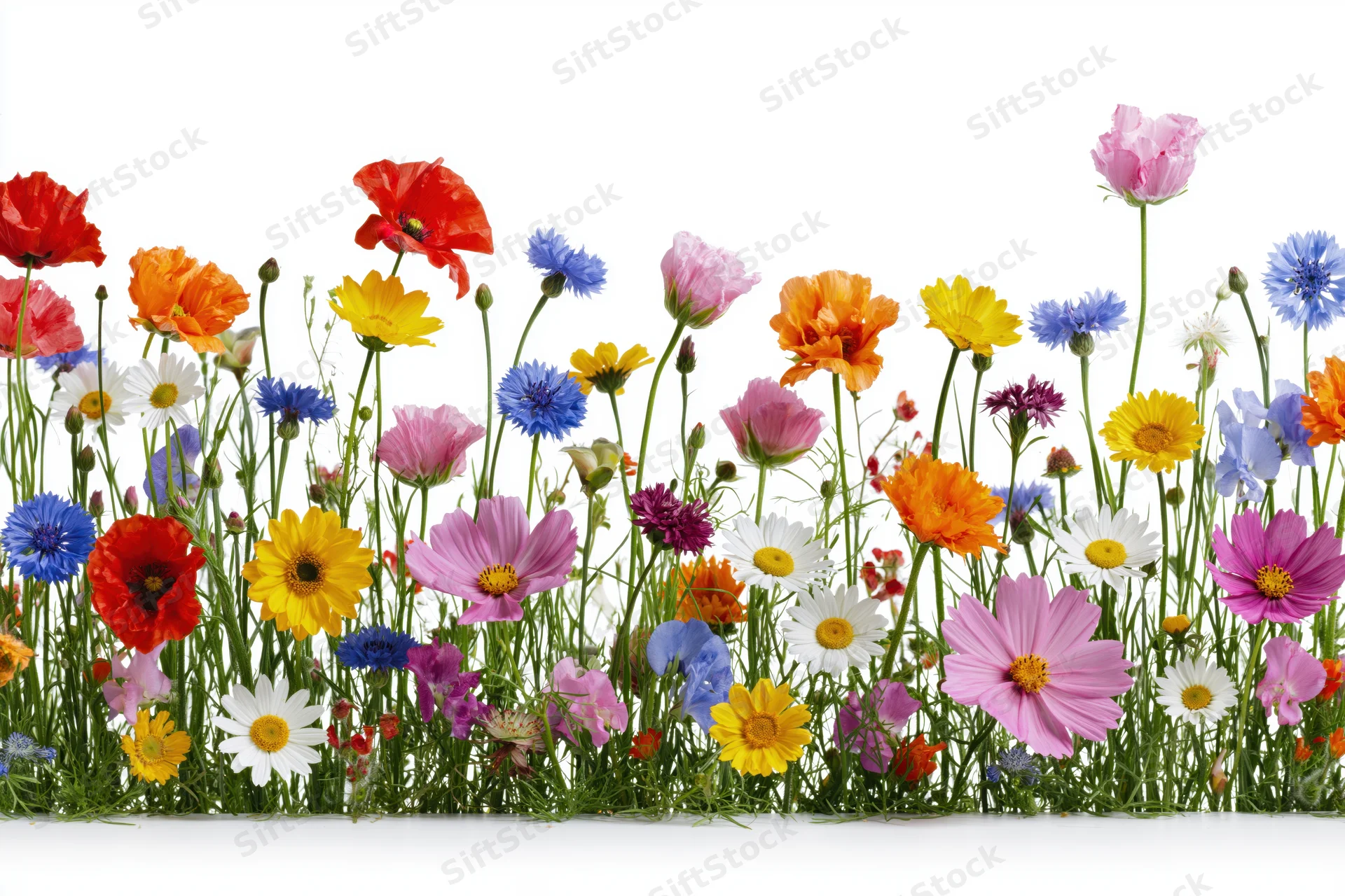 A dense row of mixed wildflowers including poppies, cornflowers and daisies arranged in a border against white